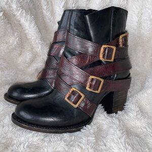 Freebird by Steven Black Leather Ankle Boots with Brown Straps & Gold Buckles